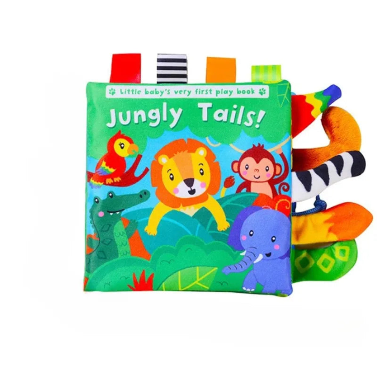 Livre d’éveil bébé Jungly Tails, livre en tissu jungle avec animaux et queues tactiles pour éveil sensoriel.