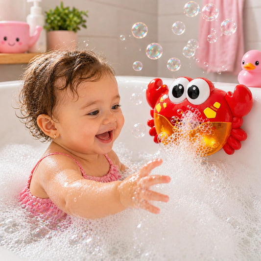 bébé fille jouant dans le bain avec jouet crabe qui fait des bulles dans une baignoire pleine de mousse