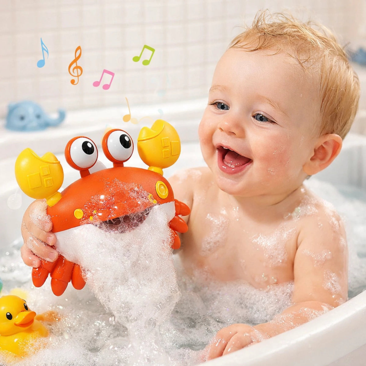 Jouet de bain bébé crabe musical produisant des bulles avec bébé dans baignoire