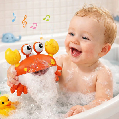 Jouet de bain bébé crabe musical produisant des bulles avec bébé dans baignoire