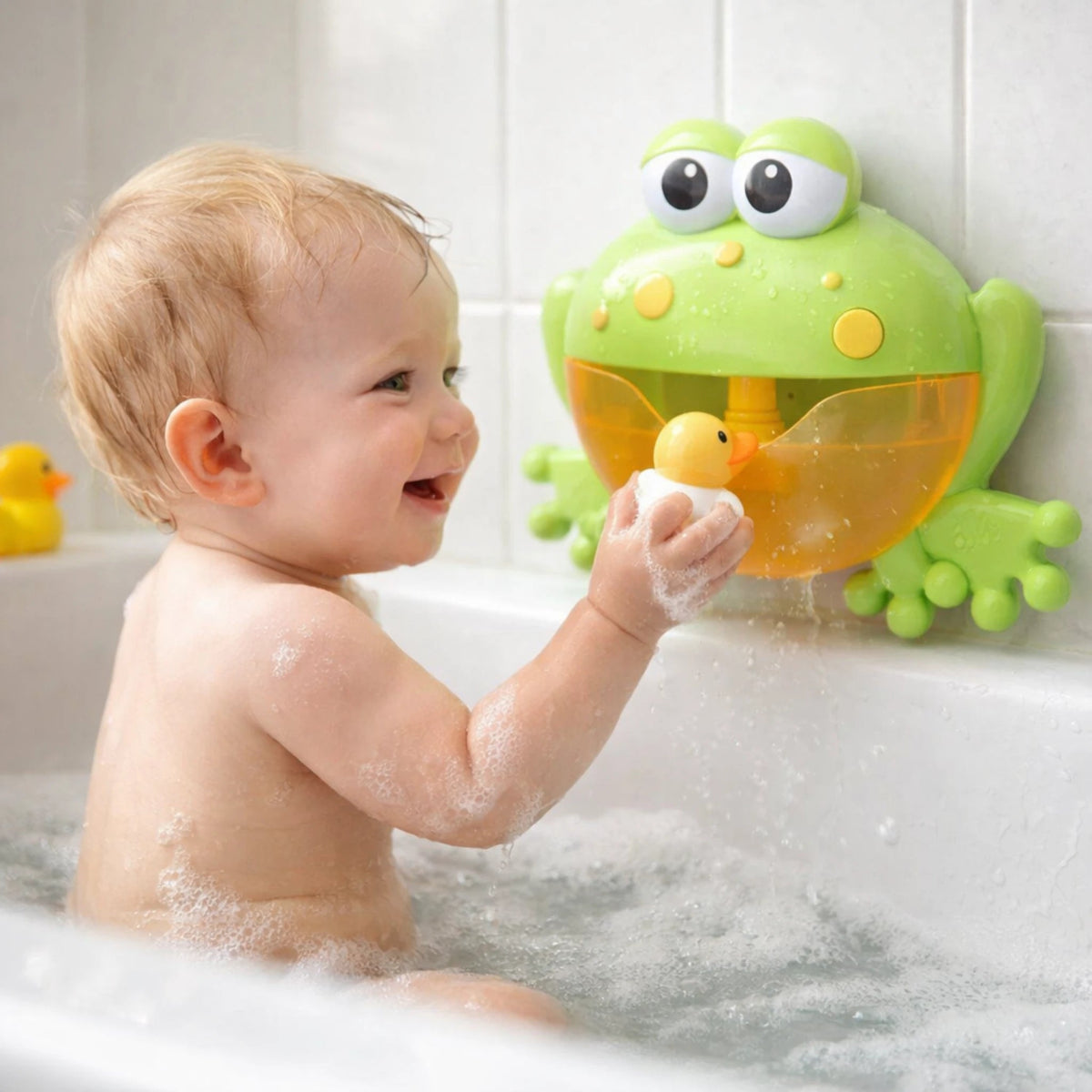 Bébé jouant dans le bain avec jouet grenouille à bulles et canard flottant