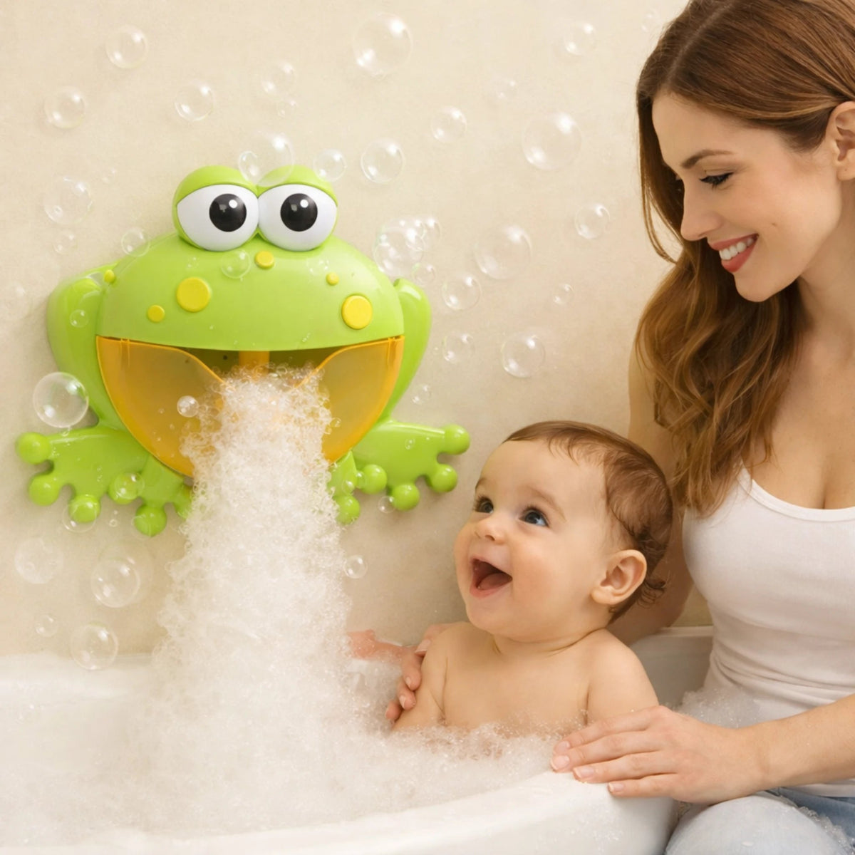 Jouet de bain bébé grenouille avec bulles utilisé pendant le bain avec maman et bébé heureux