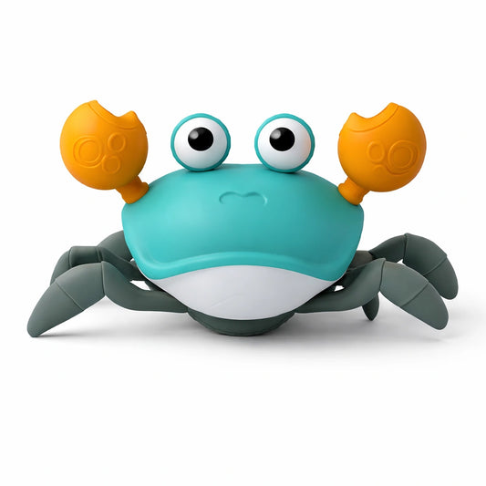 jouet bébé crabe sensoriel Montessori en plastique coloré turquoise et jaune, jouet d’éveil interactif