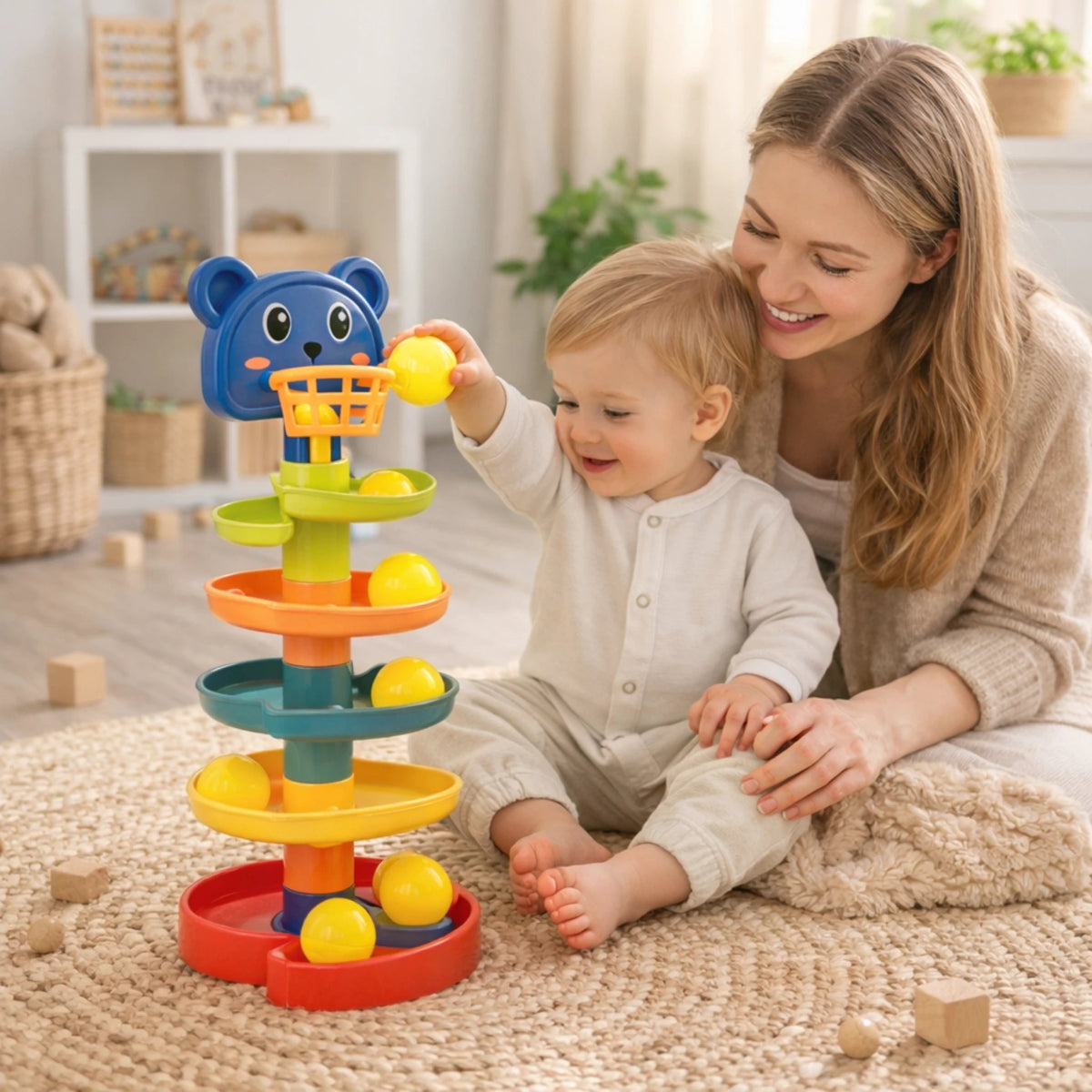 bébé joue avec jouet tour balles montessori interaction maman jeu éducatif motricité fine enfant