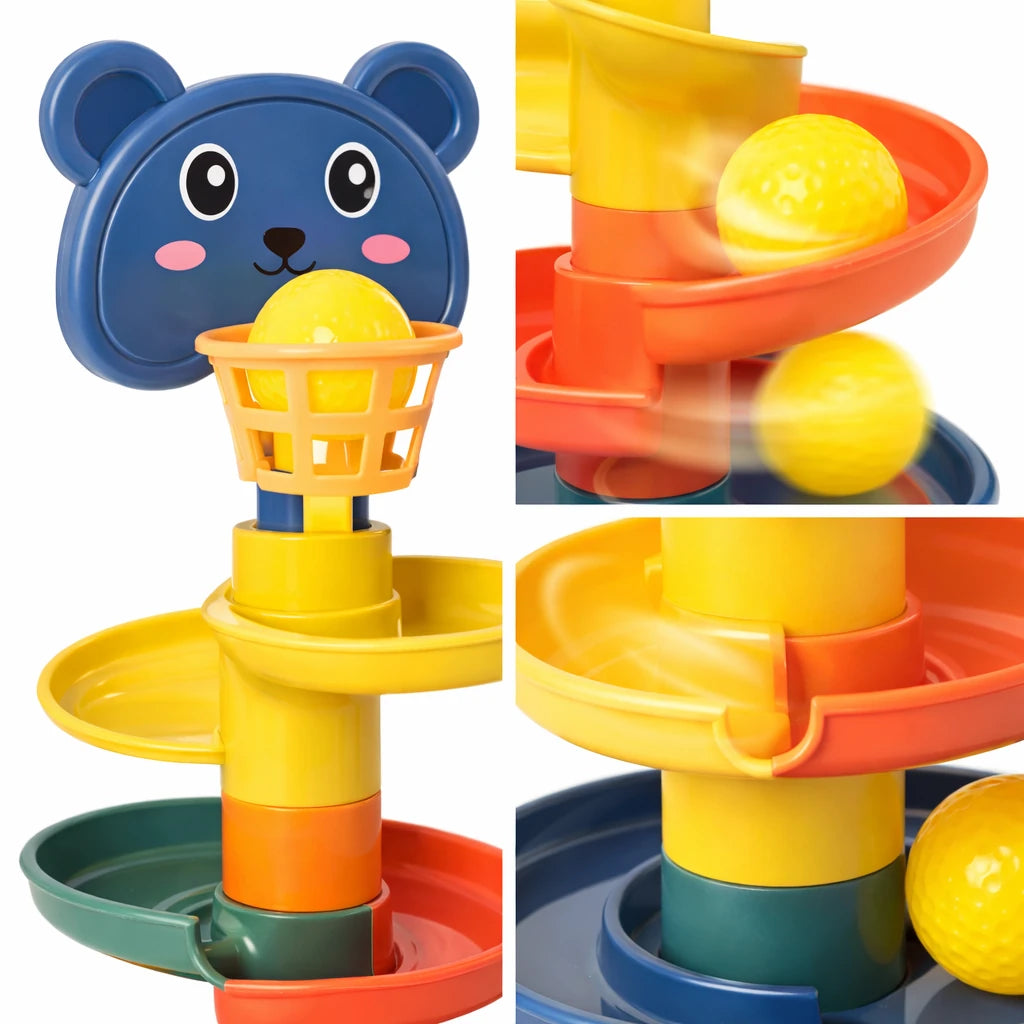 détail jouet bébé tour balles montessori piste spirale balles jaunes qualité plastique éducatif enfant