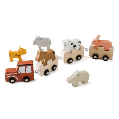 Train de ferme en bois avec animaux colorés pour enfants, jouet éducatif Montessori.