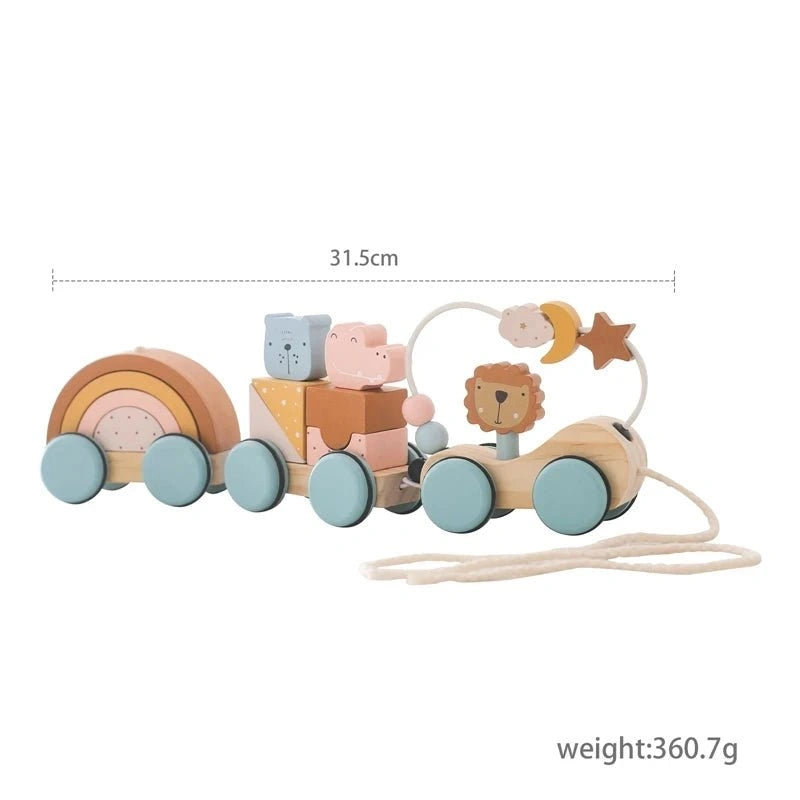 Train d’éveil en bois pastel avec animaux et arc-en-ciel, jouet à tirer pour tout-petit.