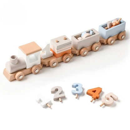 Train en bois éducatif Montessori pour enfants, avec wagons et chiffres colorés, jouet d’apprentissage durable et écologique.