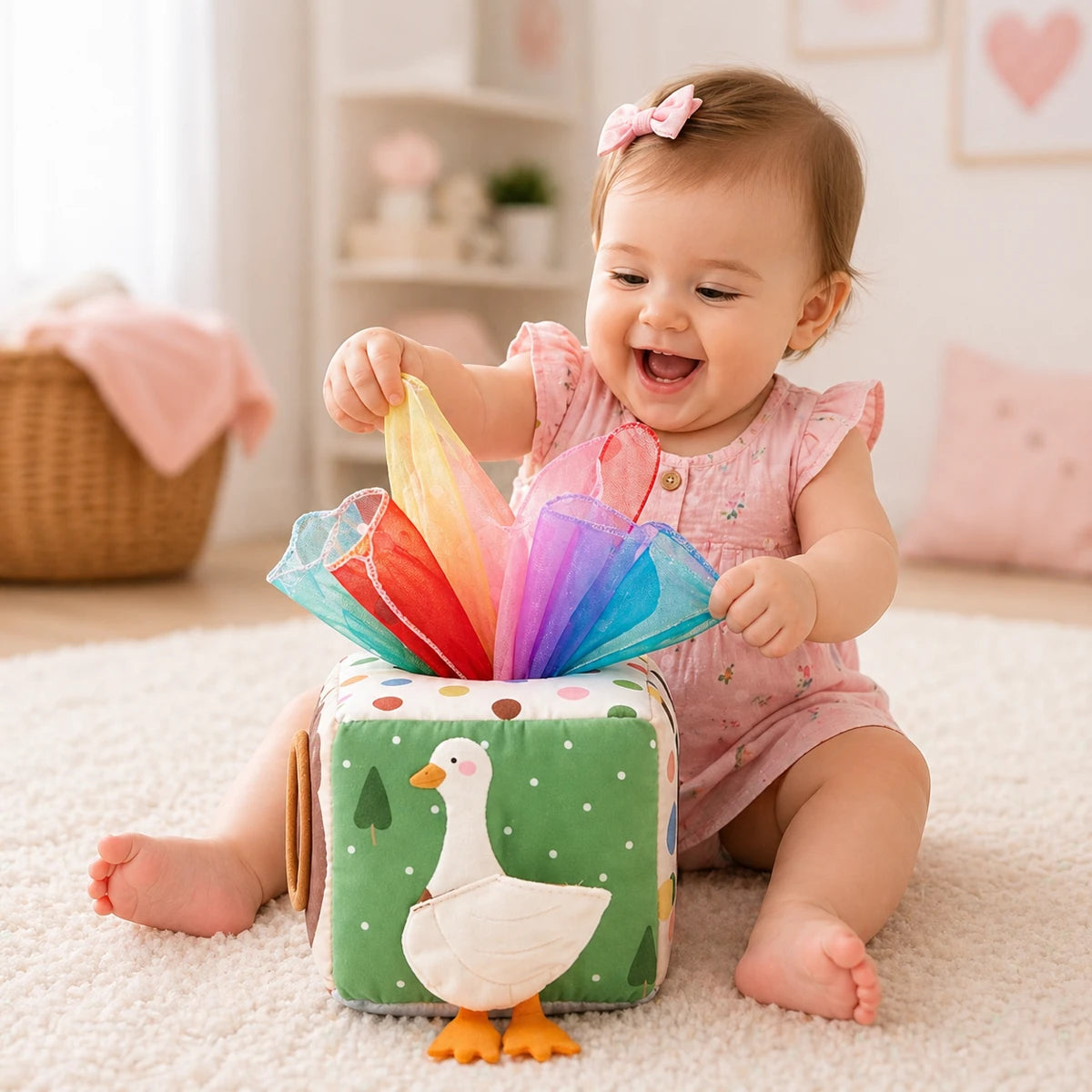 bébé fille jouant avec cube sensoriel tissu mouchoirs colorés jouet d’éveil bébé Montessori