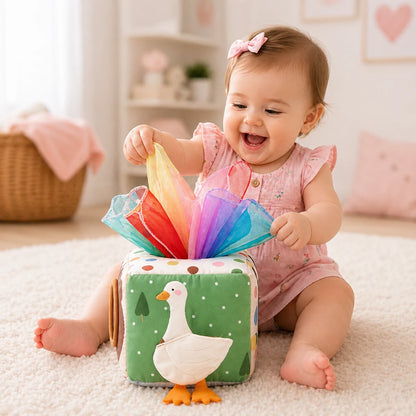 bébé fille jouant avec cube sensoriel tissu mouchoirs colorés jouet d’éveil bébé Montessori
