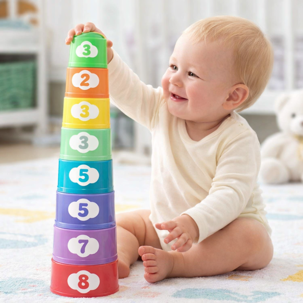 Bébé souriant empilant des gobelets colorés avec des chiffres pour construire une grande tour sur son tapis d'éveil
