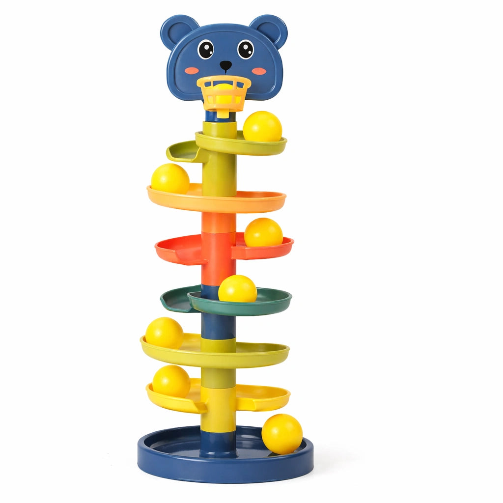 jouet Montessori tour spirale à balles ours bleu pour bébé, circuit de balles éducatif empilable, jouet sensoriel développement motricité enfant