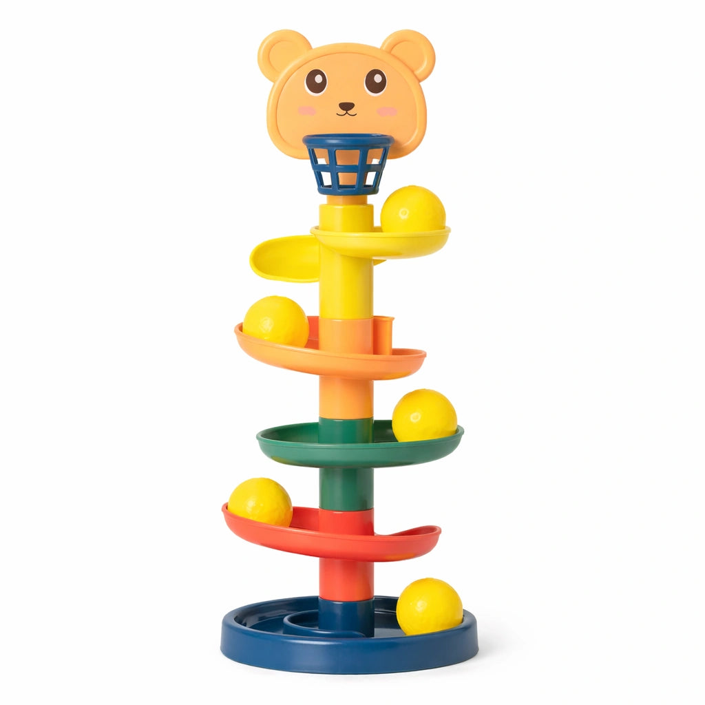 Jouet Montessori tour spirale à balles ours jaune pour bébé, piste à balles éducative empilable, jouet d’éveil motricité fine enfant