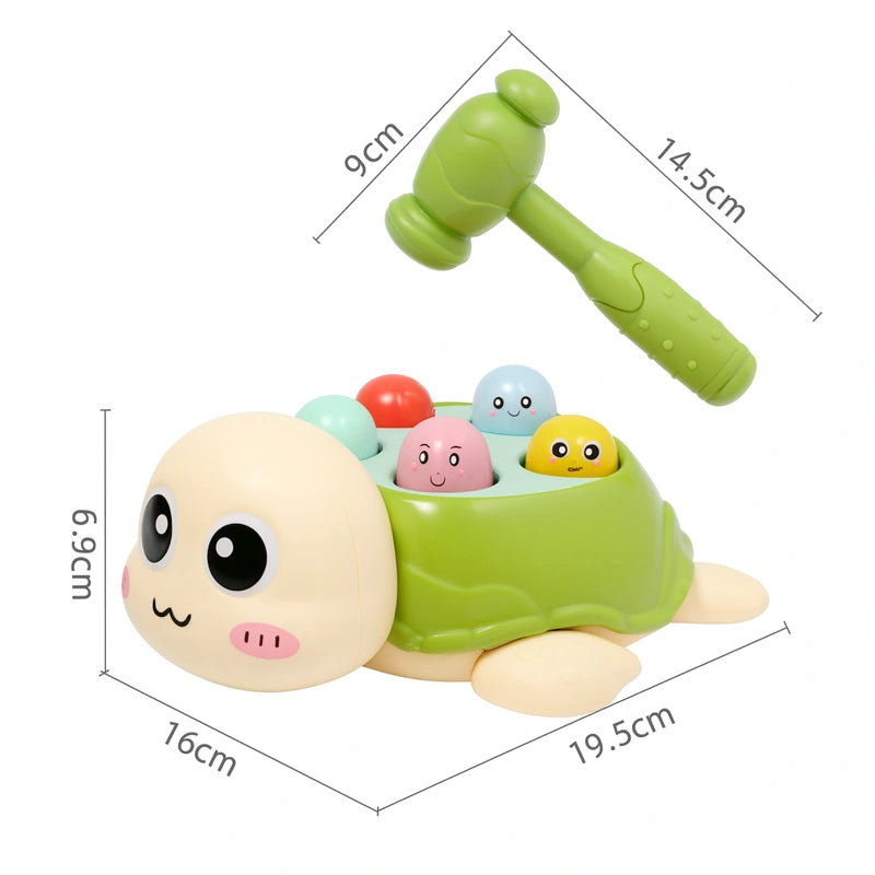 Jouet tortue à marteau Montessori pour bébé, jeu d’éveil interactif avec dimensions 19,5 × 16 × 6,9 cm.