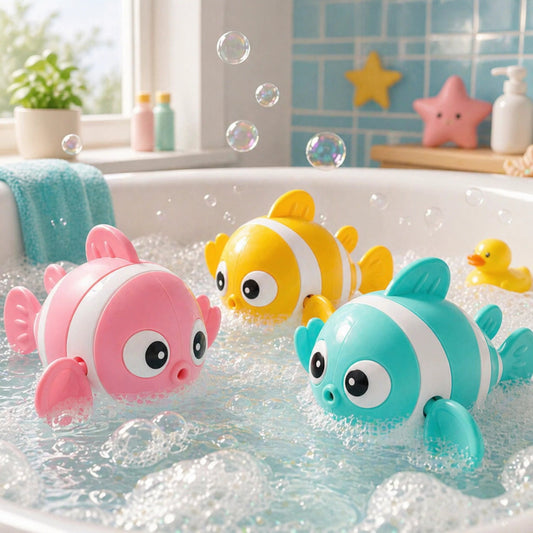 jouets de bain bébé poissons flottants colorés dans baignoire avec bulles et décor salle de bain