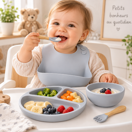 Bébé utilisant un kit repas en silicone gris avec bavoir, assiette compartimentée, bol, cuillère et fourchette.
