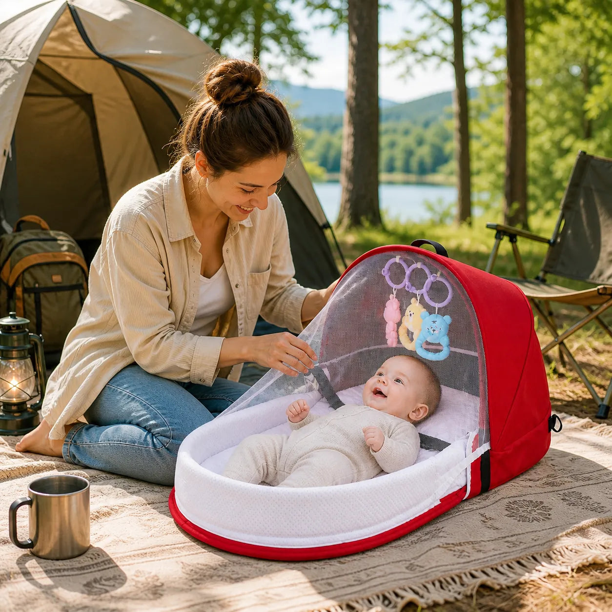 Lit bébé pliable de voyage rouge utilisé en camping extérieur avec maman et bébé dans un décor nature