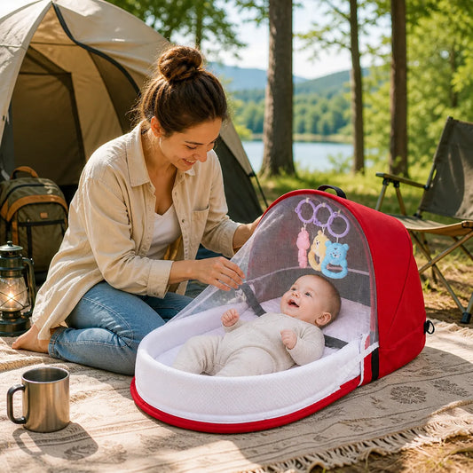 Lit bébé pliable de voyage rouge utilisé en camping extérieur avec maman et bébé dans un décor nature