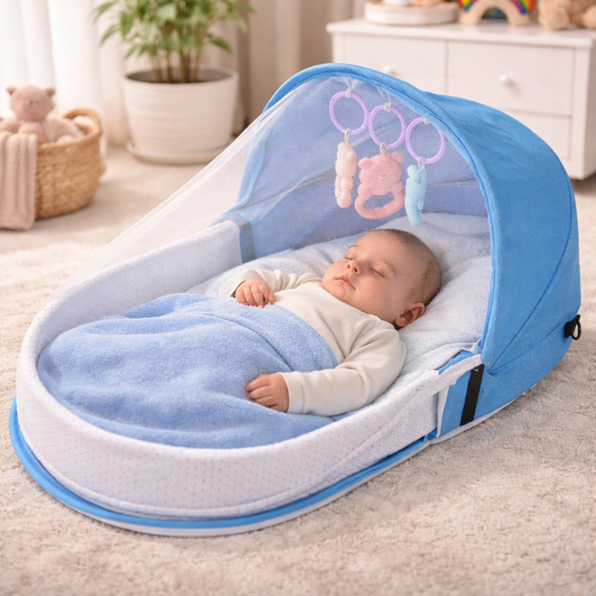 lit bébé pliable bleu berceau portable compact avec moustiquaire couchage bébé léger transportable