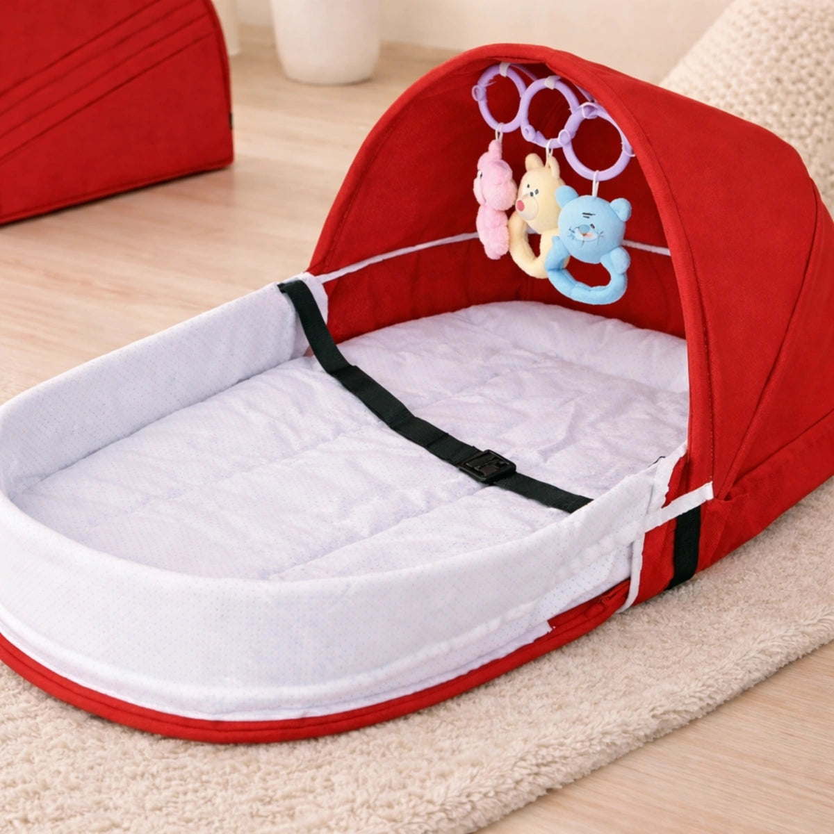 lit bébé pliable compact portable rouge avec arche de jeux berceau de voyage léger pour bébé