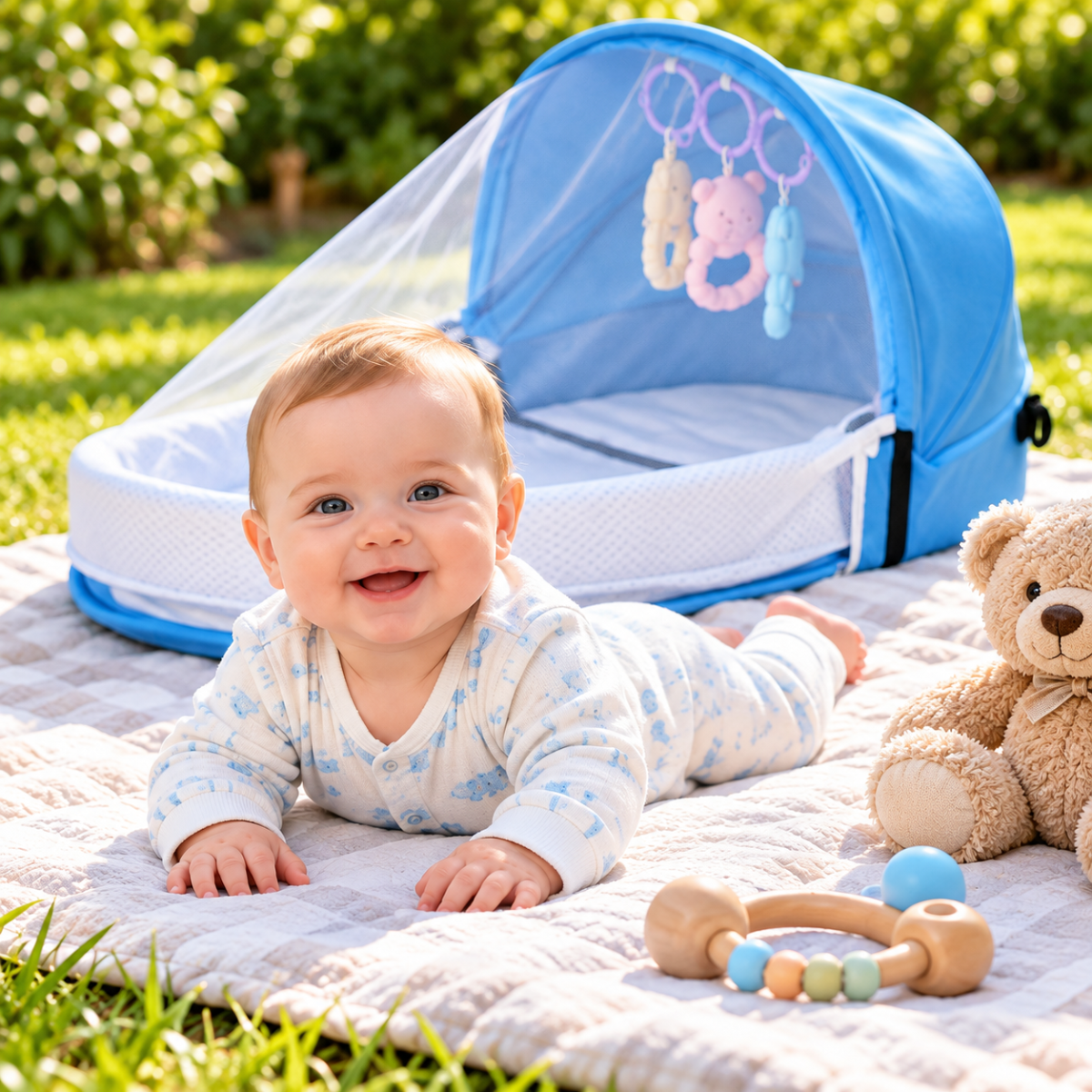 Bébé allongé sur une couverture près d’un lit bébé portable bleu avec moustiquaire