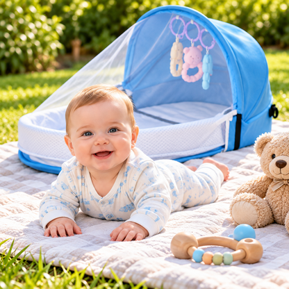 Bébé allongé sur une couverture près d’un lit bébé portable bleu avec moustiquaire