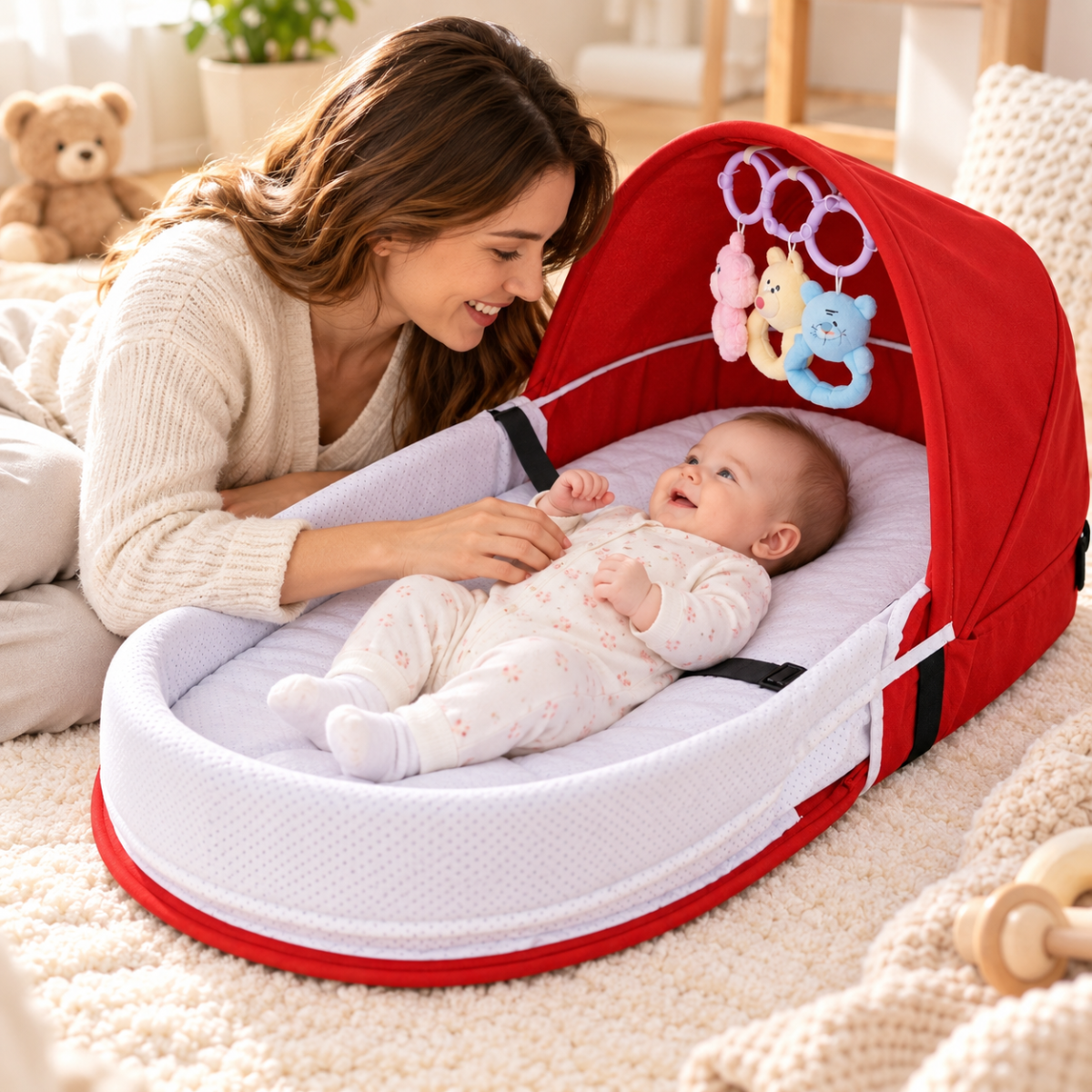 Maman jouant avec son bébé installé dans un lit bébé portable avec arche de jouets