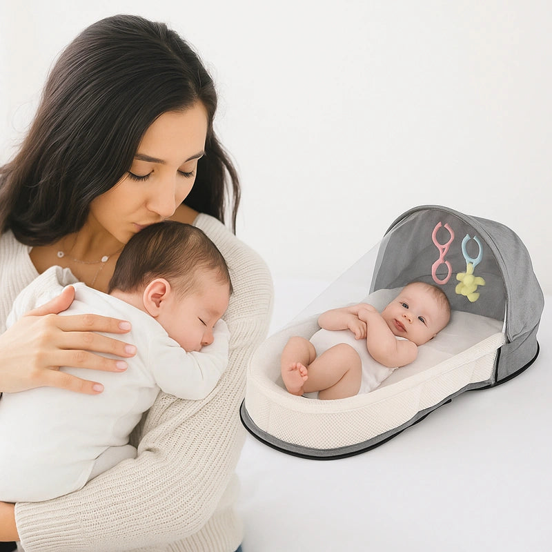 Maman tenant bébé près d’un lit bébé voyage gris moderne