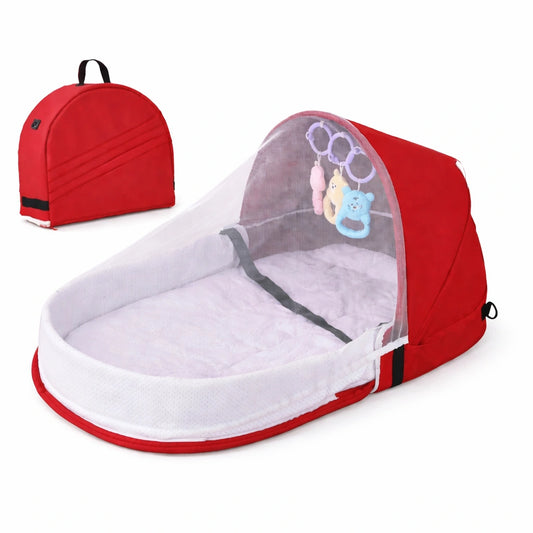 Lit bébé de voyage pliable rouge avec moustiquaire intégrée et jouets suspendus, berceau portable confortable pour bébé