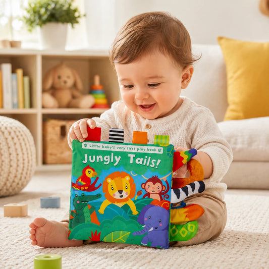 Bébé qui joue avec livre en tissu jungle tails jouet sensoriel éducatif pour bébé couleurs vives développement éveil
