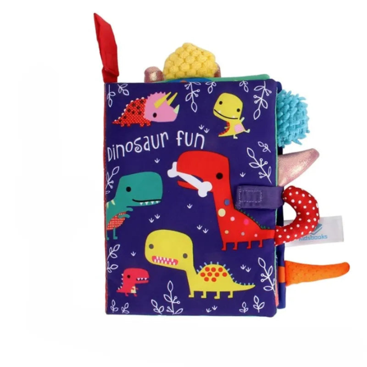 Livre d’éveil bébé Dinosaur Fun, livre en tissu dinosaures avec textures et éléments sensoriels pour motricité fine.