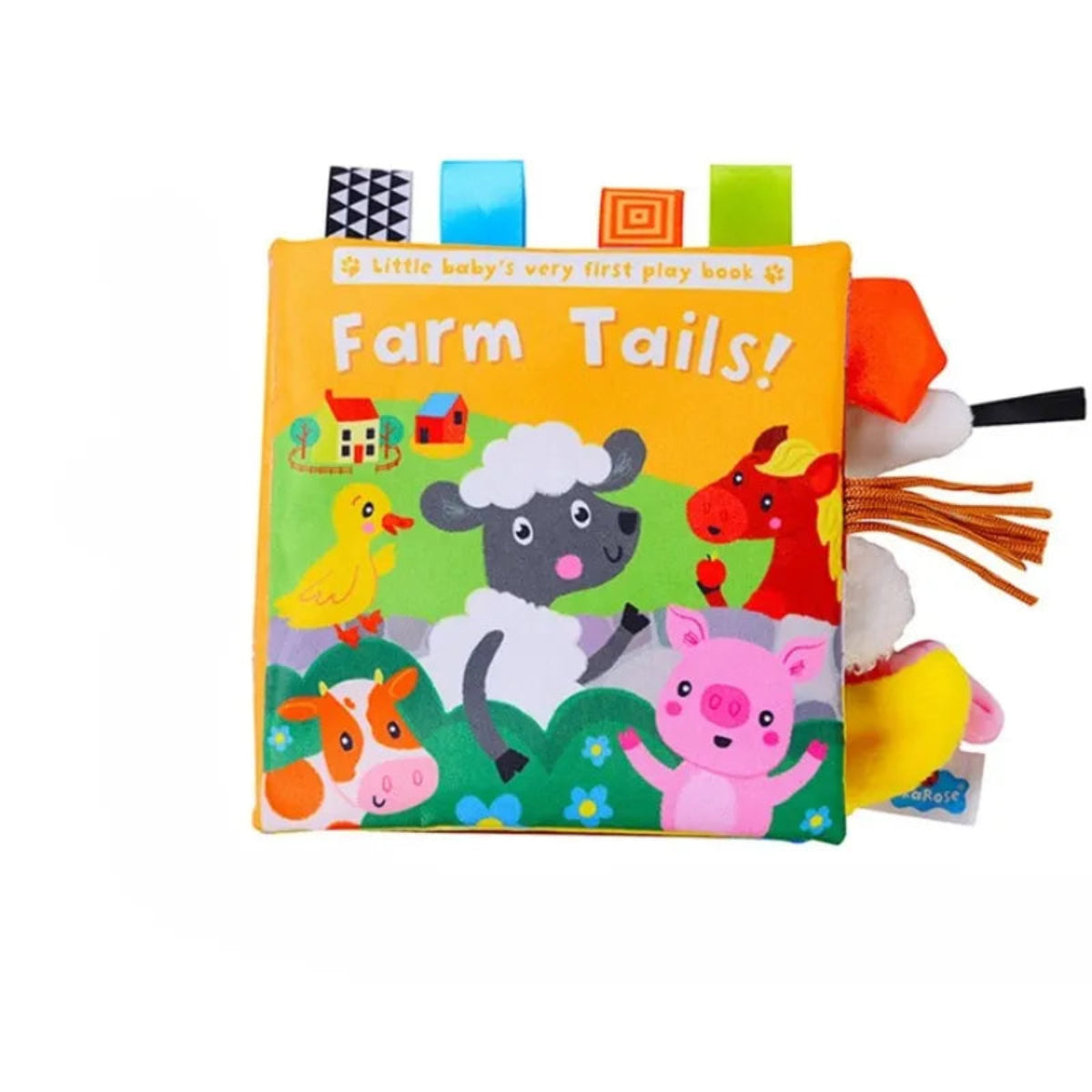 Livre d’éveil bébé Farm Tails, livre en tissu ferme avec animaux et textures variées pour éveil des tout-petits.