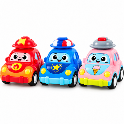 Lot de 3 voitures jouets à pression pour bébé sur fond blanc, comprenant une voiture de pompier rouge, une voiture de police bleue et une voiture de glace rose