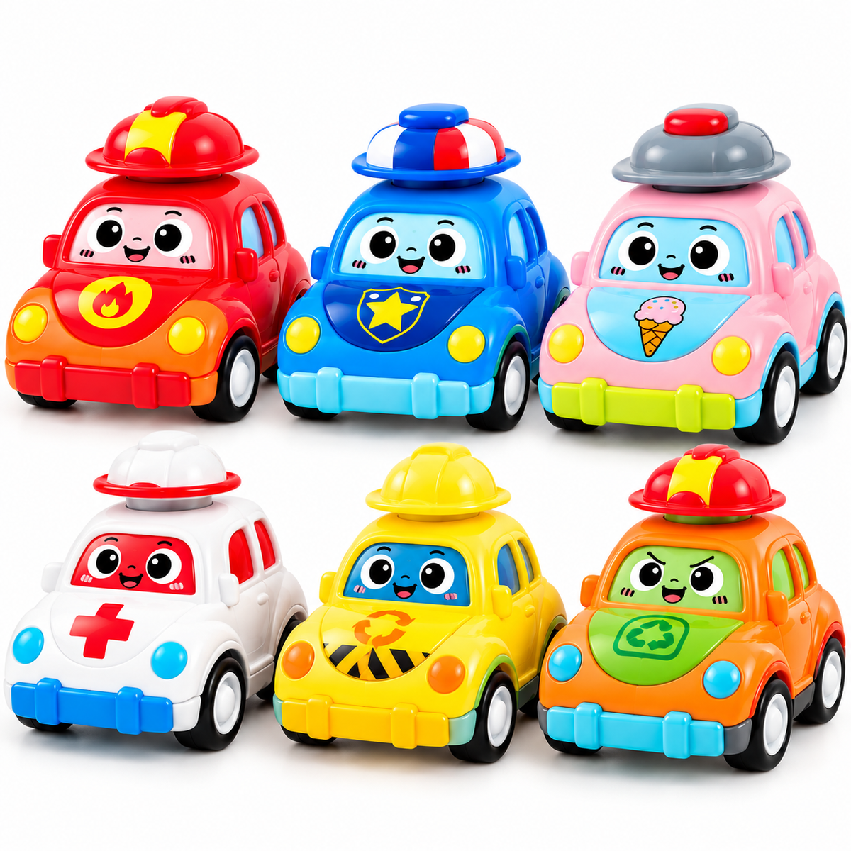 Lot de 6 voitures jouets à pression colorées pour enfant, comprenant des modèles pompier, police, glace, ambulance et véhicules de chantier et de recyclage.