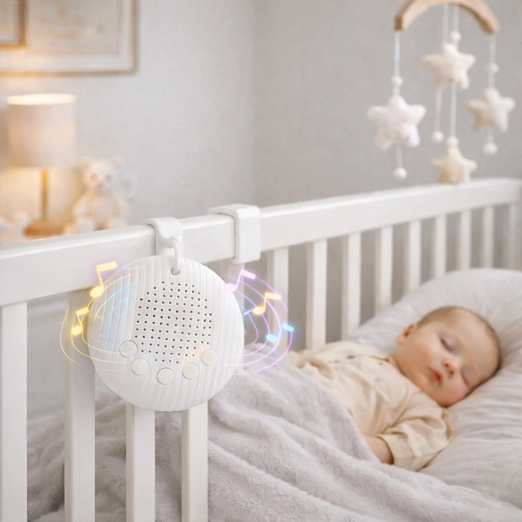 Machine à bruit blanc bébé accrochée au lit diffusant des sons apaisants