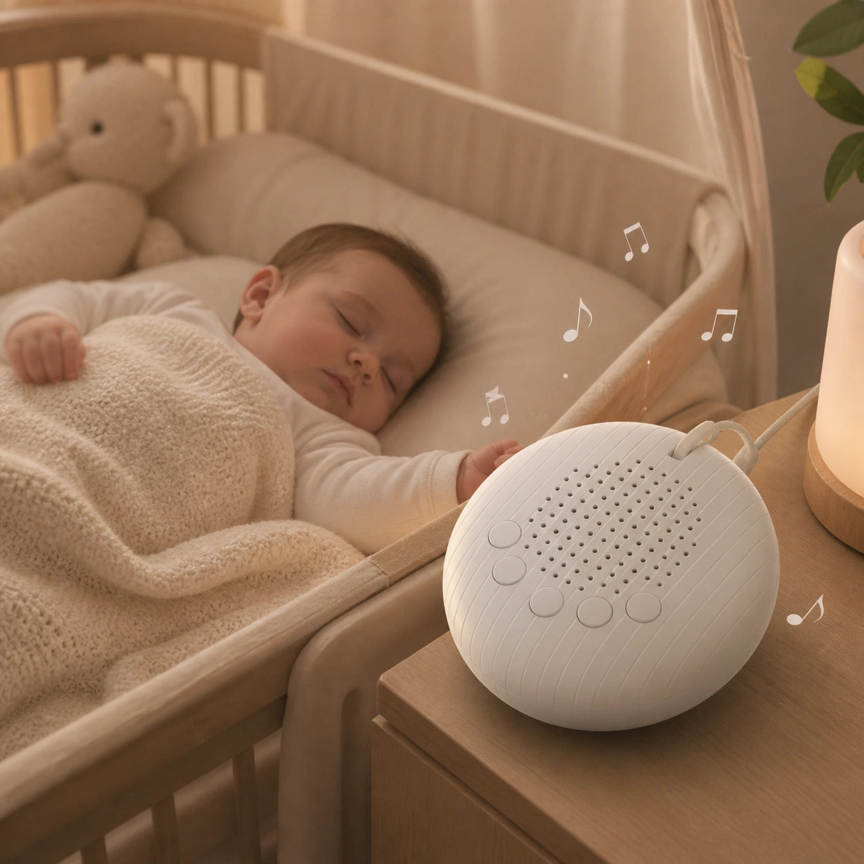 Machine à bruit blanc bébé posée sur une table de chevet avec bébé endormi dans une couchette