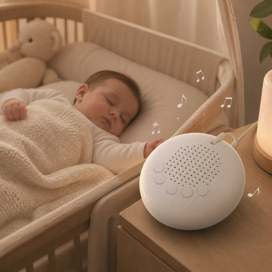 Machine à bruit blanc bébé posée sur une table de chevet avec bébé endormi dans une couchette