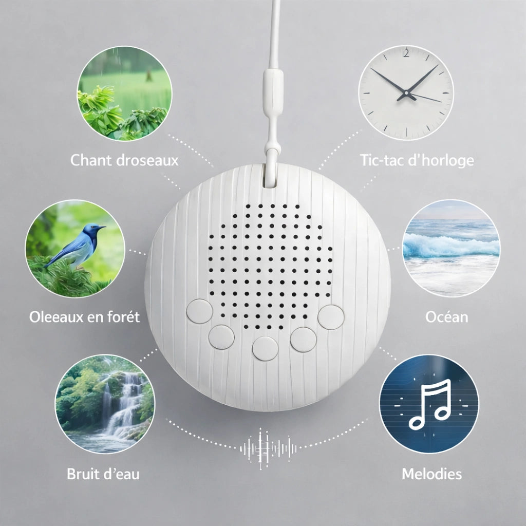Machine bruit blanc bébé avec sons naturels, océan, oiseaux, bruit d’eau et mélodies, fond gris apaisant