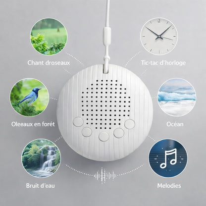 Machine bruit blanc bébé avec sons naturels, océan, oiseaux, bruit d’eau et mélodies, fond gris apaisant