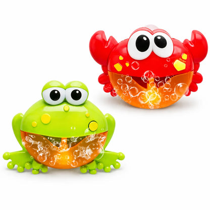 Machine à bulles bébé musicale crabe et grenouille sur fond blanc, jouet de bain avec bulles et ventouse