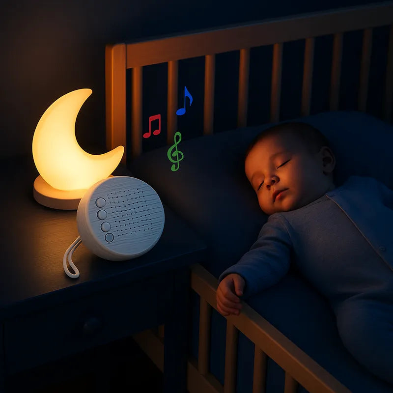 Veilleuse lune et bébé dormant avec bruit blanc