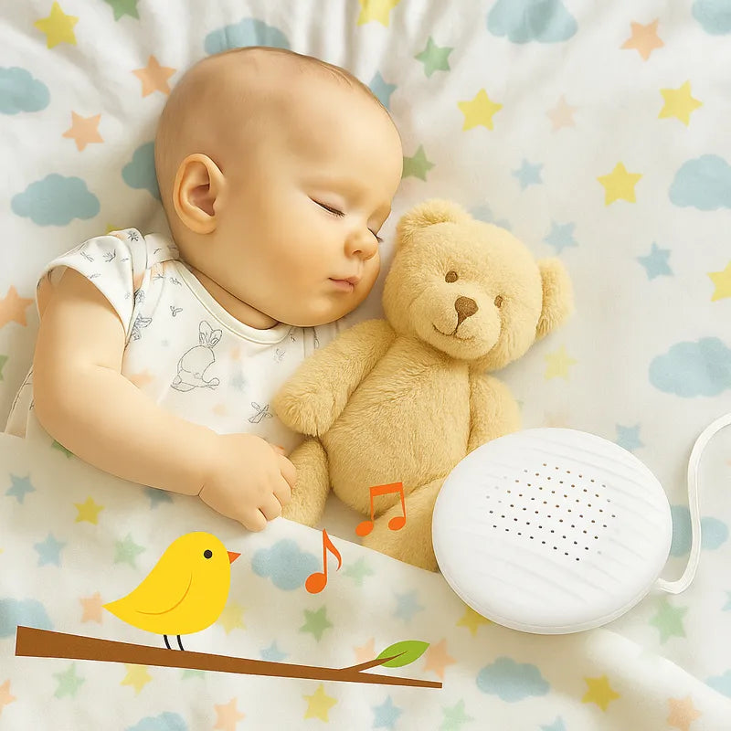 Bébé endormi avec doudou et machine à bruit blanc