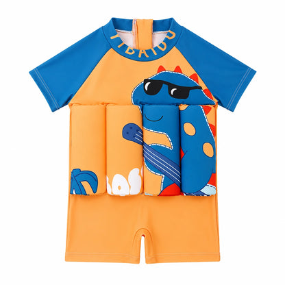 Maillot de bain flottant bébé dinosaure bleu fond orange