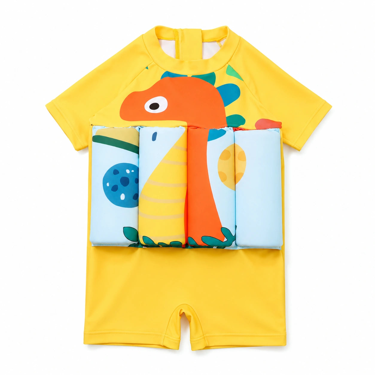 Maillot de bain flottant bébé dinosaure orange fond jaune