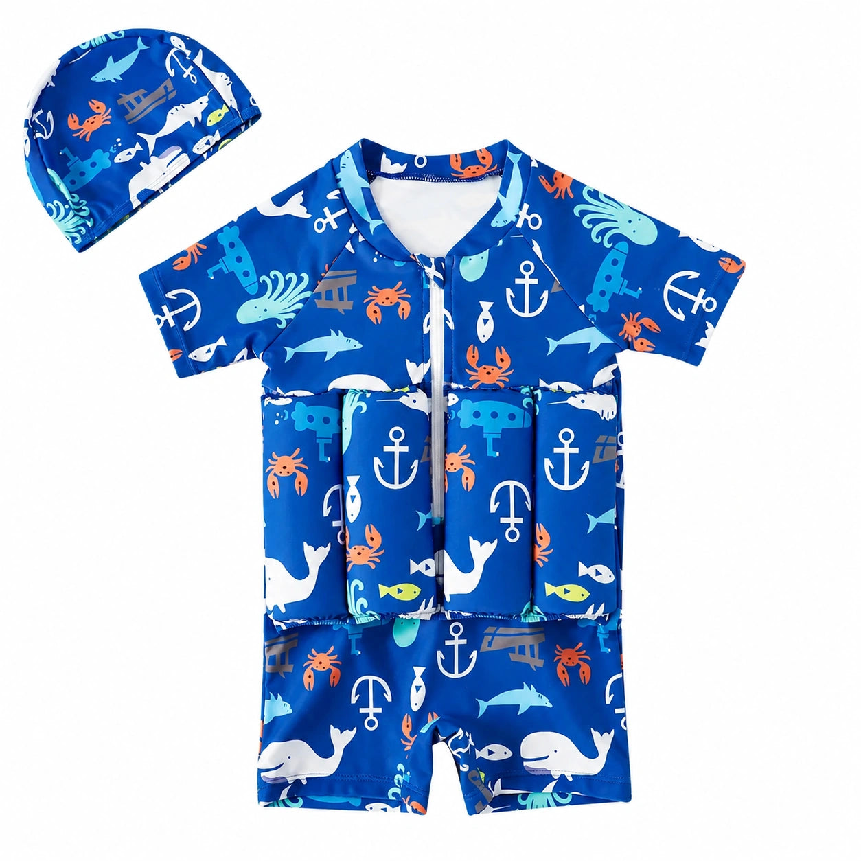 Maillot de bain flottant bébé bleu motif océan avec bonnet