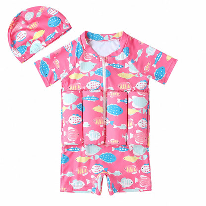 Maillot de bain flottant bébé rose avec poissons et bonnet