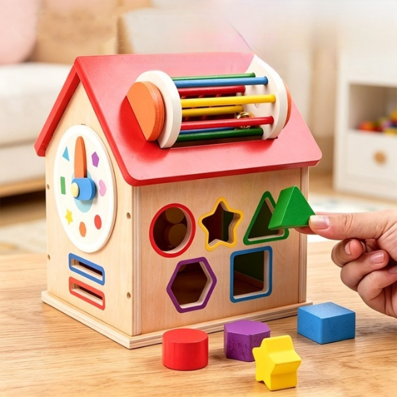 Maison d'activités en bois Montessori avec jeu d'encastrement des formes, horloge éducative et rouleau sensoriel pour bébé