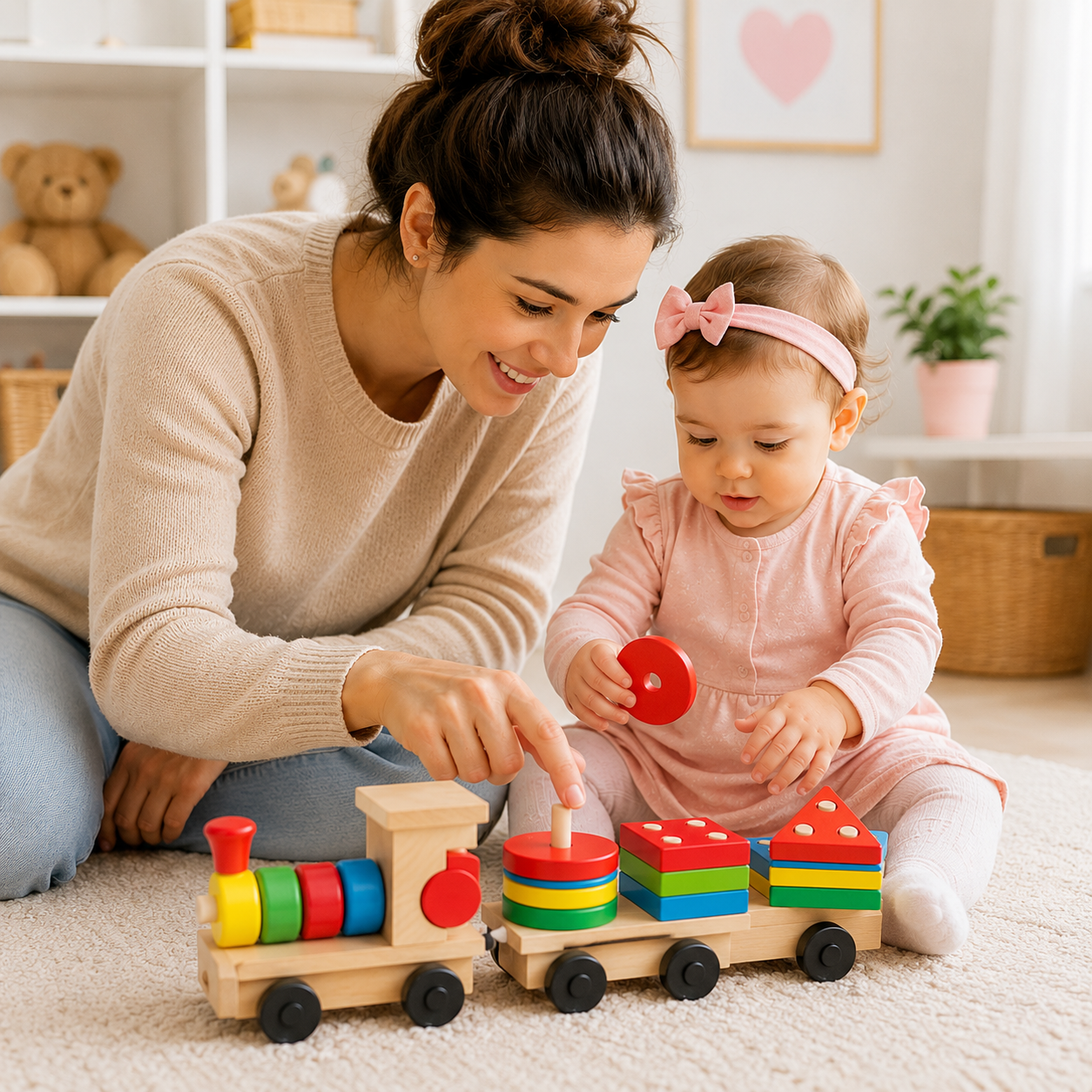 Maman montrant à son bébé comment placer les pièces sur un petit train en bois éducatif