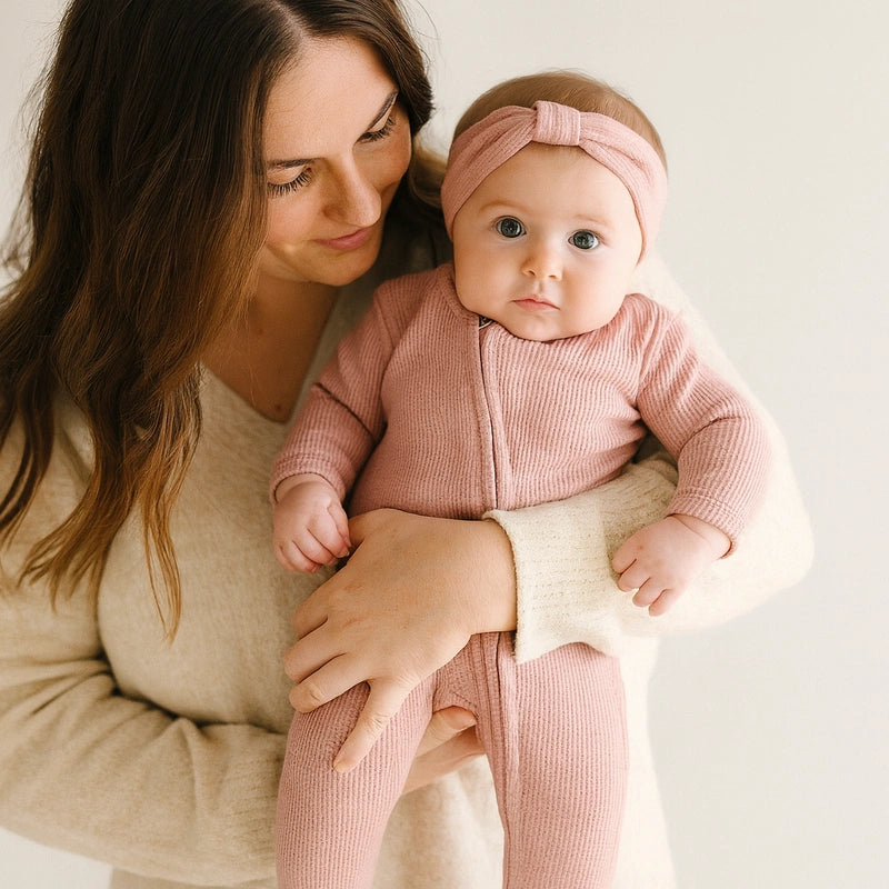 Maman tient son bébé fille en barboteuse rose coton bio