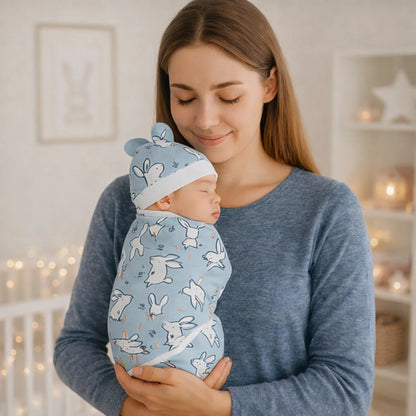 Maman tenant son bébé emmailloté en coton doux motif lapins bleus